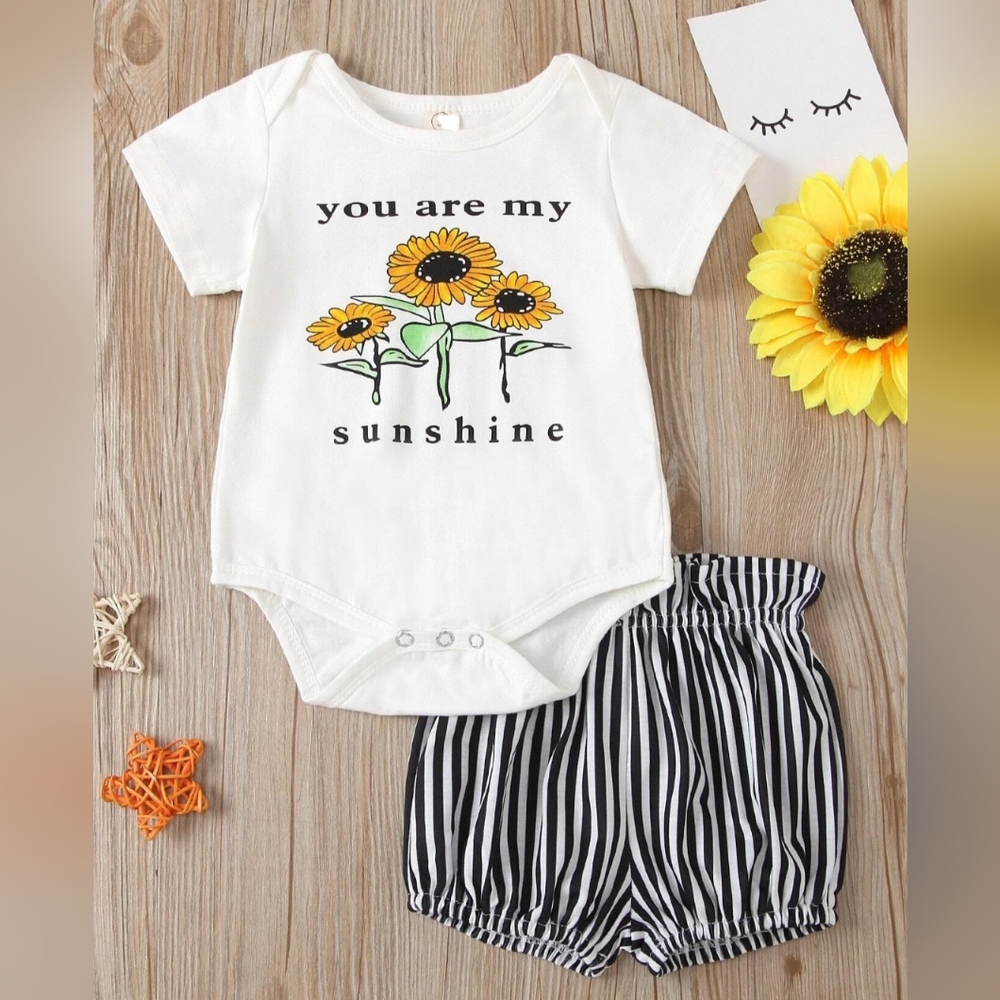 ​Baby Girl Sunflower Outfit Romper & Striped Bloomers 2-Piece Summer Set 3-6M